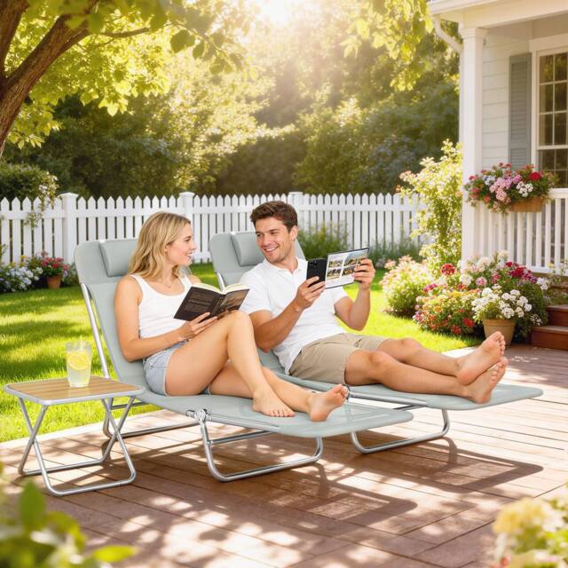OUTSUNNY 2 Pieces Sun Loungers Foldable Reclining Chair, Light Grey - Size: 180 cm x 60 cm - image 1