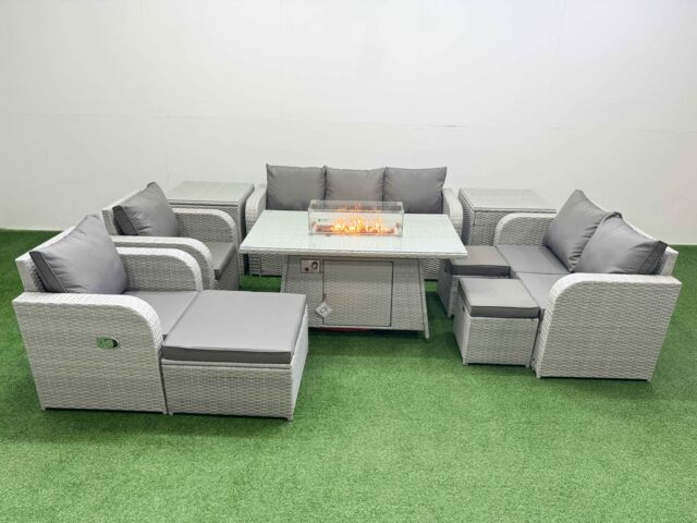 Fimous PE Rattan Garden Furniture Set Reclining Chair Sofa Double Love Seat 2 Seater Sofa Lounge Set Firepit Dining Table 3 Stools 2 Side Table Light - image 1