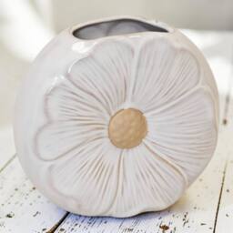 Four Candle Natural Ceramic Vase with Embossed Flower Design in Off-White - thumbnail 2