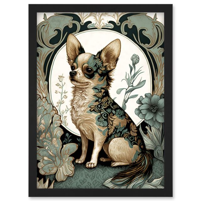 Artery8 Chihuahua Dog With Floral Pattern Fur Coat Modern Art Nouveau Portrait Illustration Artwork Framed Wall Art Print A4 in Black - image 1