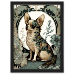 Artery8 Chihuahua Dog With Floral Pattern Fur Coat Modern Art Nouveau Portrait Illustration Artwork Framed Wall Art Print A4 in Black - thumbnail 1