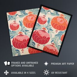 "Artery8 Wall Art Print Pomegranate Pattern Kitchen Artwork Pastel Colour Pink Orange Blue Retro Japanese Style Poster - Size: W18"" x H24""" - thumbnail 2