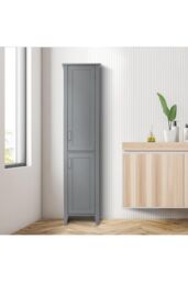 Teamson Home Mercer Wooden Bathroom Furniture Linen Tower Tall Storage Cabinet in Grey - thumbnail 3