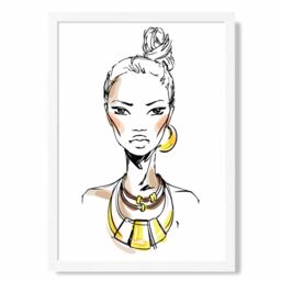 ARTZE Woman Face Pen & Ink Sketch Framed Print SIZE: A3 with White Frame in Yellow - Size: A4 - thumbnail 1
