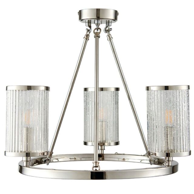 Loops 3 Light Chandelier Pendant Nickel Ribbed Glass Shade Hanging Ceiling Lamp Holder in Metallics - image 1