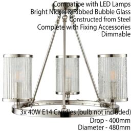 Loops 3 Light Chandelier Pendant Nickel Ribbed Glass Shade Hanging Ceiling Lamp Holder in Metallics - thumbnail 2