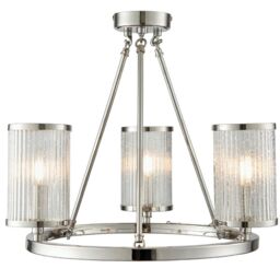 Loops 3 Light Chandelier Pendant Nickel Ribbed Glass Shade Hanging Ceiling Lamp Holder in Metallics - thumbnail 3