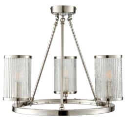 Loops 3 Light Chandelier Pendant Nickel Ribbed Glass Shade Hanging Ceiling Lamp Holder in Metallics - thumbnail 1