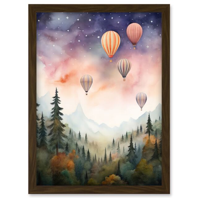 Artery8 Wall Art Print Hot Air Balloons Over Misty Forest Landscape Watercolour Painting Orange Green Purple Dreamy Dusk Sky Stars Kids Bedroom - image 1