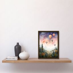 Artery8 Wall Art Print Hot Air Balloons Over Misty Forest Landscape Watercolour Painting Orange Green Purple Dreamy Dusk Sky Stars Kids Bedroom - thumbnail 2