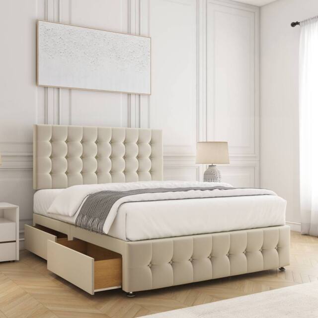 "BSSPOKE Eva Divan Bed Plush Velvet 24"" Headboard 2 Drawers Footend & Mattress in Cream - Size: Super King" - image 1