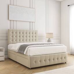 "BSSPOKE Eva Divan Bed Plush Velvet 24"" Headboard 2 Drawers Footend & Mattress in Cream - Size: Super King" - thumbnail 3