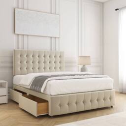 "BSSPOKE Eva Divan Bed Plush Velvet 24"" Headboard 2 Drawers Footend & Mattress in Cream - Size: Super King"