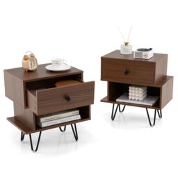 Gymax Nightstand Set of 2 End Sofa Side Tables Removable Drawer Metal Legs in Walnut - Size: 2 Pack