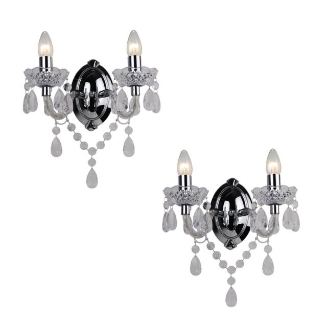 First Choice Lighting Set of 2 Clear & Chrome Marie Therese Style 2 x 40W Wall Light - image 1