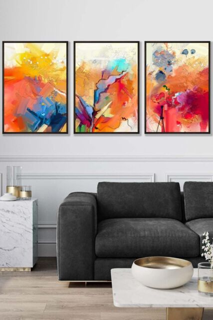 ARTZE Set of 3 Black Framed Abstract Colourful Orange Pink Red Mixed Media Fractal Wall Art - Size: W53 cm x H73 cm x D20mm - image 1