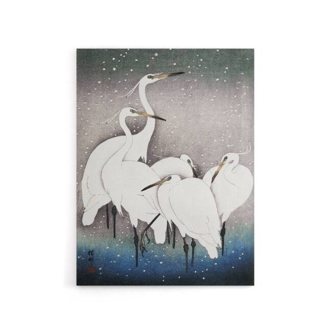 "Artery8 Group Of Egrets in Falling Snow Canvas Wall Art Print Ohara Koson in Blue - Size: W18"" x H24""" - image 1