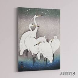 "Artery8 Group Of Egrets in Falling Snow Canvas Wall Art Print Ohara Koson in Blue - Size: W18"" x H24""" - thumbnail 2
