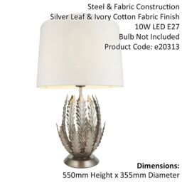 Loops Ornate Silver Table Lamp Light Ivory Cotton Fabric Shade Decorative Leaf Design in Metallics - thumbnail 2