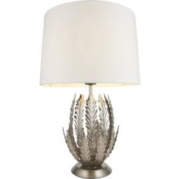 Loops Ornate Silver Table Lamp Light Ivory Cotton Fabric Shade Decorative Leaf Design in Metallics