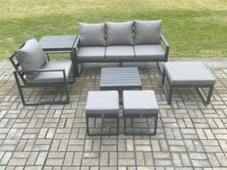 Fimous Aluminium Outdoor Garden Furniture Set Lounge Sofa Chair Square Coffee Table Sets with Side Table 3 Footstools Conservatory Set in Dark Grey - thumbnail 2