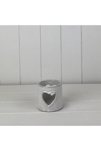 KDMD Glazed Ceramic Tealight Holder with Heart Cut Out with Textured Detail in Grey - image 1