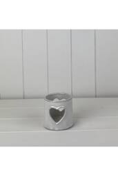 KDMD Glazed Ceramic Tealight Holder with Heart Cut Out with Textured Detail in Grey