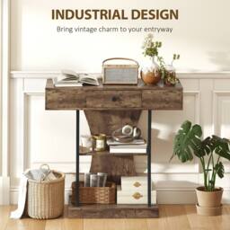 HOMCOM Console Table Hallway Table with Storage Shelves, Rustic Brown - thumbnail 4