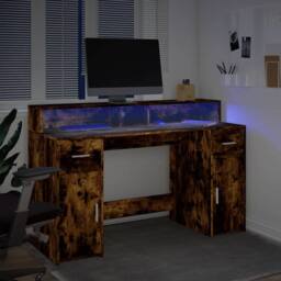 Berkfield Home Desk with LED Lights Smoked Oak 140x55x91 cm Engineered Wood in Brown - Size: 140 x 55 x 91 cm - thumbnail 5