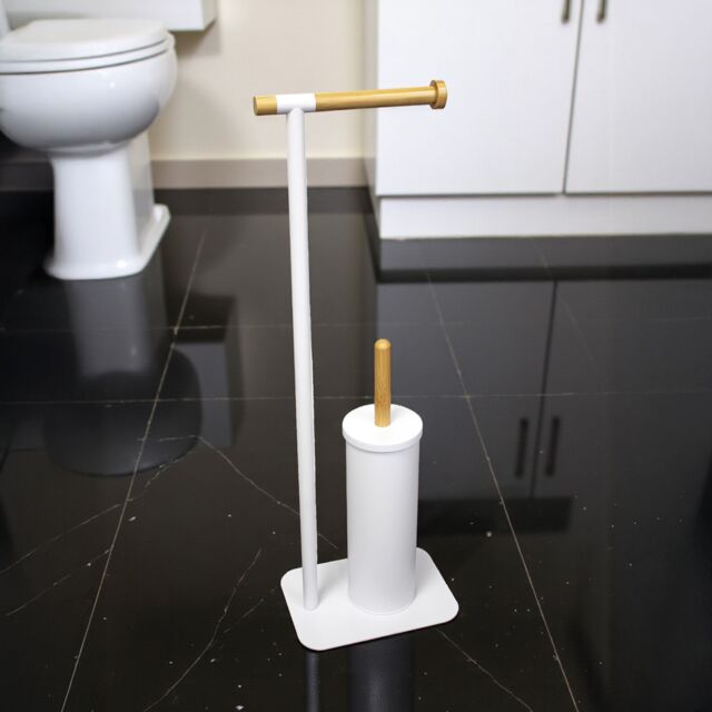Showerdrape Sonata White & Bamboo Toilet Roll Holder & Toilet Brush Combination - image 1