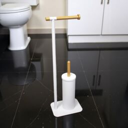 Showerdrape Sonata White & Bamboo Toilet Roll Holder & Toilet Brush Combination - thumbnail 1