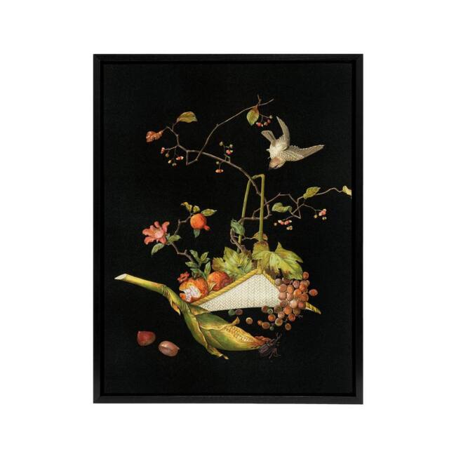 "Artery8 Stylised Still Life with Bird Audsley Vintage Framed Canvas Wall Art in Black - Size: W12"" x H16""" - image 1