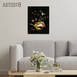 "Artery8 Stylised Still Life with Bird Audsley Vintage Framed Canvas Wall Art in Black - Size: W12"" x H16""" - thumbnail 3