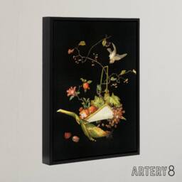 "Artery8 Stylised Still Life with Bird Audsley Vintage Framed Canvas Wall Art in Black - Size: W12"" x H16""" - thumbnail 2