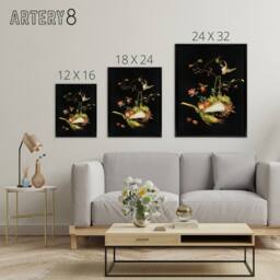"Artery8 Stylised Still Life with Bird Audsley Vintage Framed Canvas Wall Art in Black - Size: W12"" x H16""" - thumbnail 4