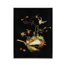 "Artery8 Stylised Still Life with Bird Audsley Vintage Framed Canvas Wall Art in Black - Size: W12"" x H16""" - thumbnail 1