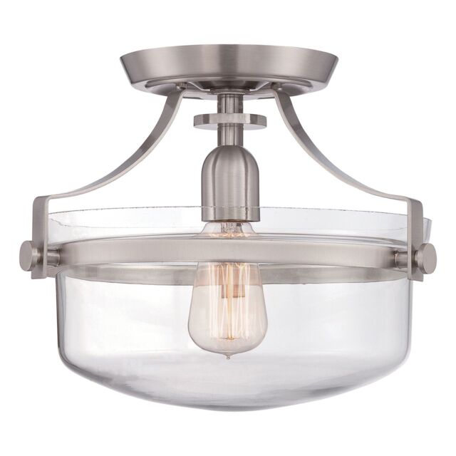 Loops Semi Flush Light Inverted Clear Glass Shade Brushed Nickel LED E27 60W in Metallics