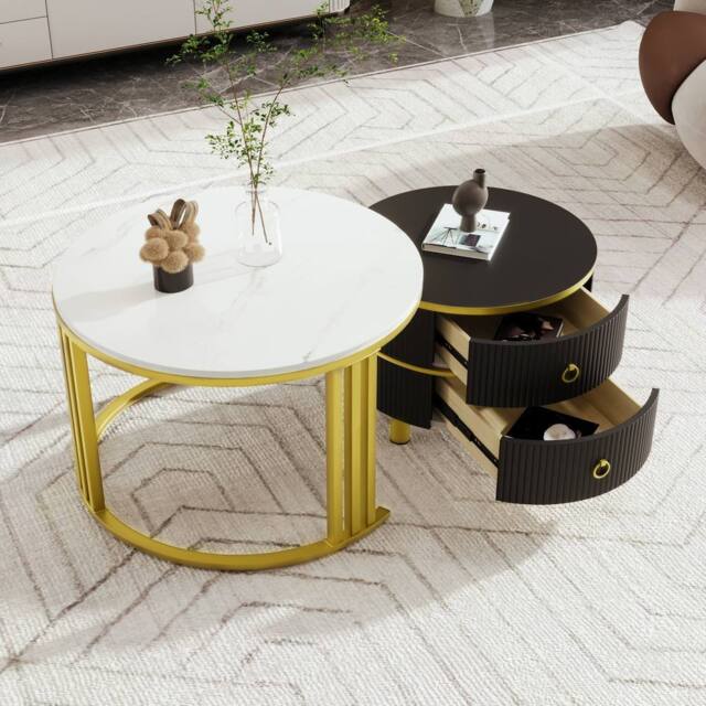 Merax Modern 2-Piece Nesting Coffee Table Set with Marble Effet Tabletop in Black - image 1