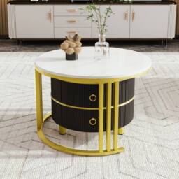 Merax Modern 2-Piece Nesting Coffee Table Set with Marble Effet Tabletop in Black - thumbnail 3