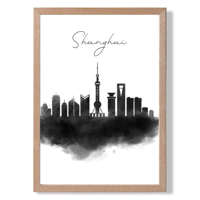 ARTZE Shanghai Watercolour Skyline City Framed Print SIZE: A4 with Oak Frame in Black - image 1