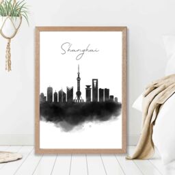 ARTZE Shanghai Watercolour Skyline City Framed Print SIZE: A4 with Oak Frame in Black - thumbnail 2