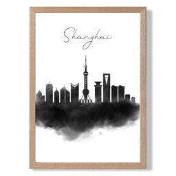 ARTZE Shanghai Watercolour Skyline City Framed Print SIZE: A4 with Oak Frame in Black