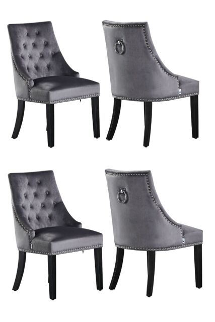 Life Interiors Set of 4 'Windsor' Knocker Back Velvet Dining Chairs Solid Wood Legs in Dark Grey - image 1
