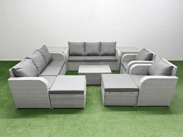 Fimous PE Rattan High Back Lounge Sofa Set Patio Coffee Table & Chairs Set with 3 Seater Sofa Reclining Chair 2 Big Footstool 2 Side Table Light Grey - image 1