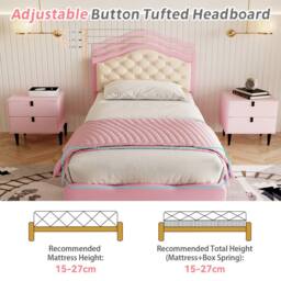 Matteo Single Upholstered Bed Frame - Adjustable Button-Tufted Pink & Beige - thumbnail 6