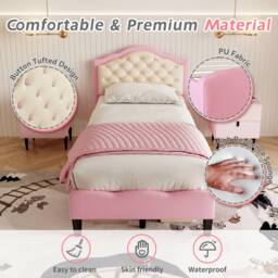 Matteo Single Upholstered Bed Frame - Adjustable Button-Tufted Pink & Beige - thumbnail 7