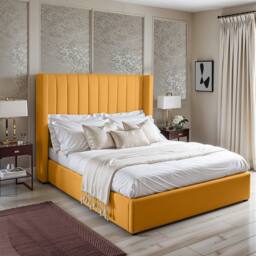 UK Bed Furniture Barcelona Upholstered Bed with 48 Inch Headboard & Slatted Base in Mustard - Size: Single