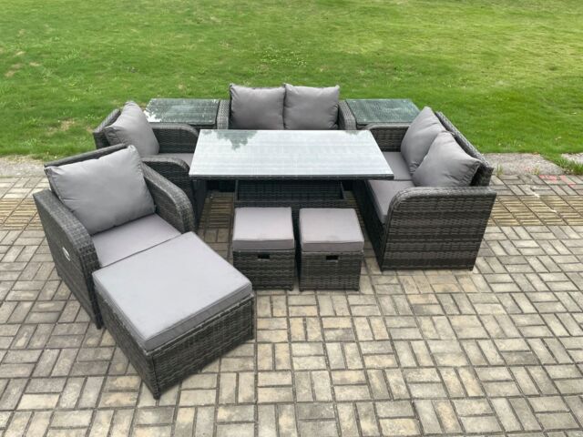 Fimous PE Rattan Garden Furniture Set Outdoor Height Adjustable Rising lifting Dining Table Chair With 2 Side Tables in Dark Grey - image 1