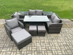 Fimous PE Rattan Garden Furniture Set Outdoor Height Adjustable Rising lifting Dining Table Chair With 2 Side Tables in Dark Grey - thumbnail 2