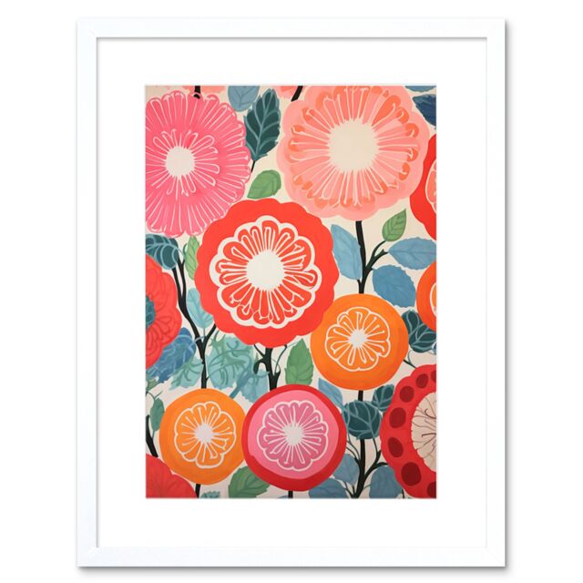 "Artery8 Wall Art Print Pomegranate Tree Flowers in Bloom Mediterranean Bright Floral Abstract Artwork Framed 9X7 Inch in White - Size: W7"" x H9""" - image 1